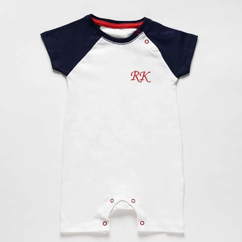 White and navy short-sleeved bodysuit