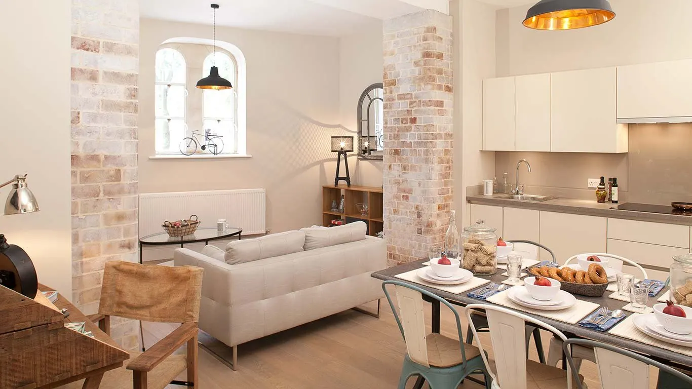 Show apartment kitchen, dining and lounge area in central Bristol