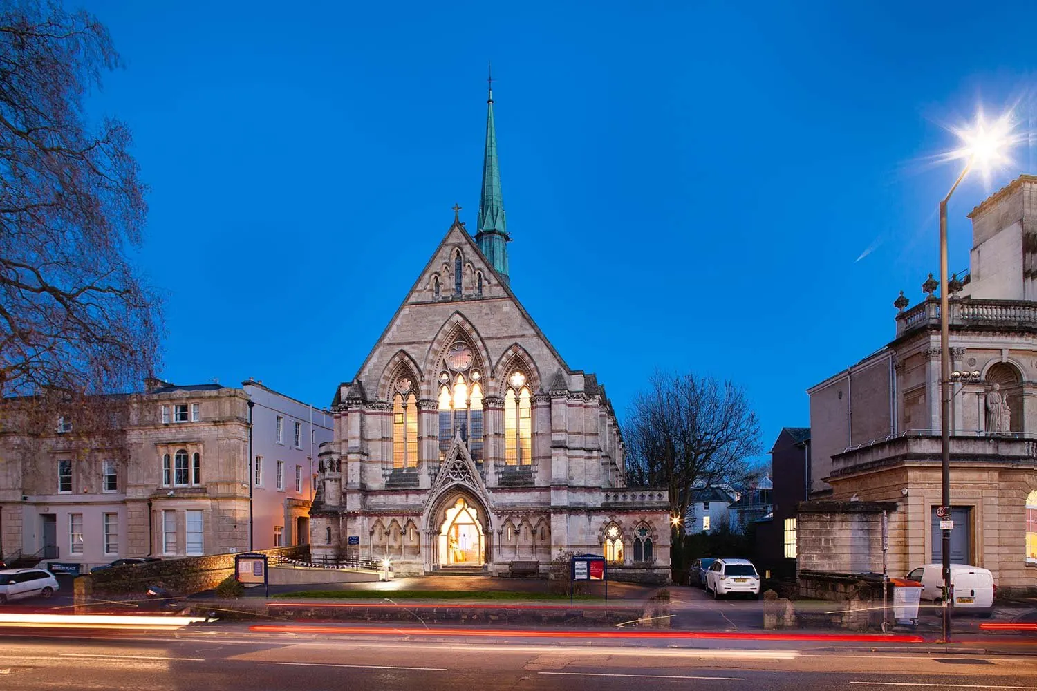 Church on Whiteladies Road, Bristol, lit up at dusk