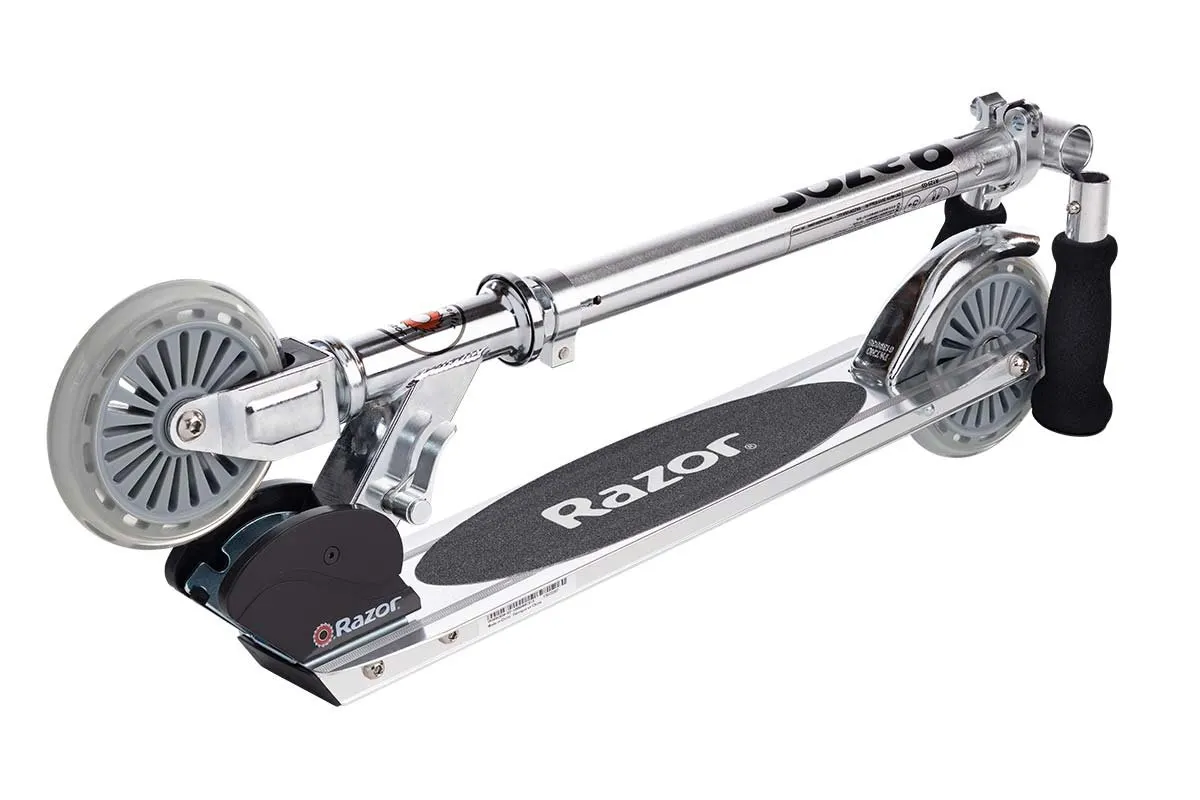 Silver and blue folding scooter photographed on white