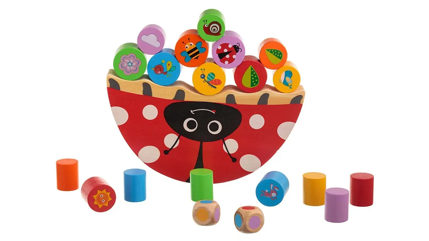 Wooden ladybird balancing game with coloured pieces