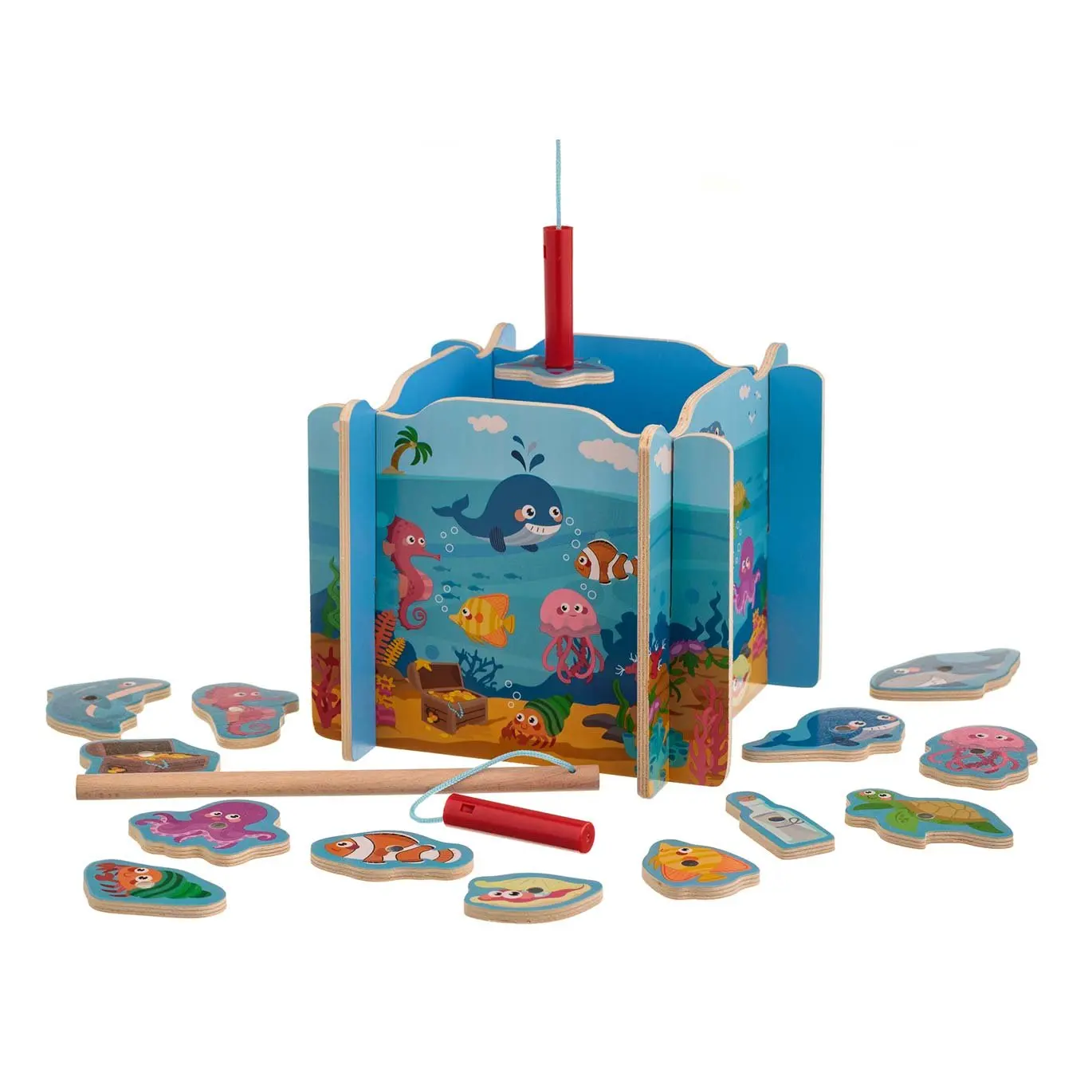 Magnetic fishing game set out on white